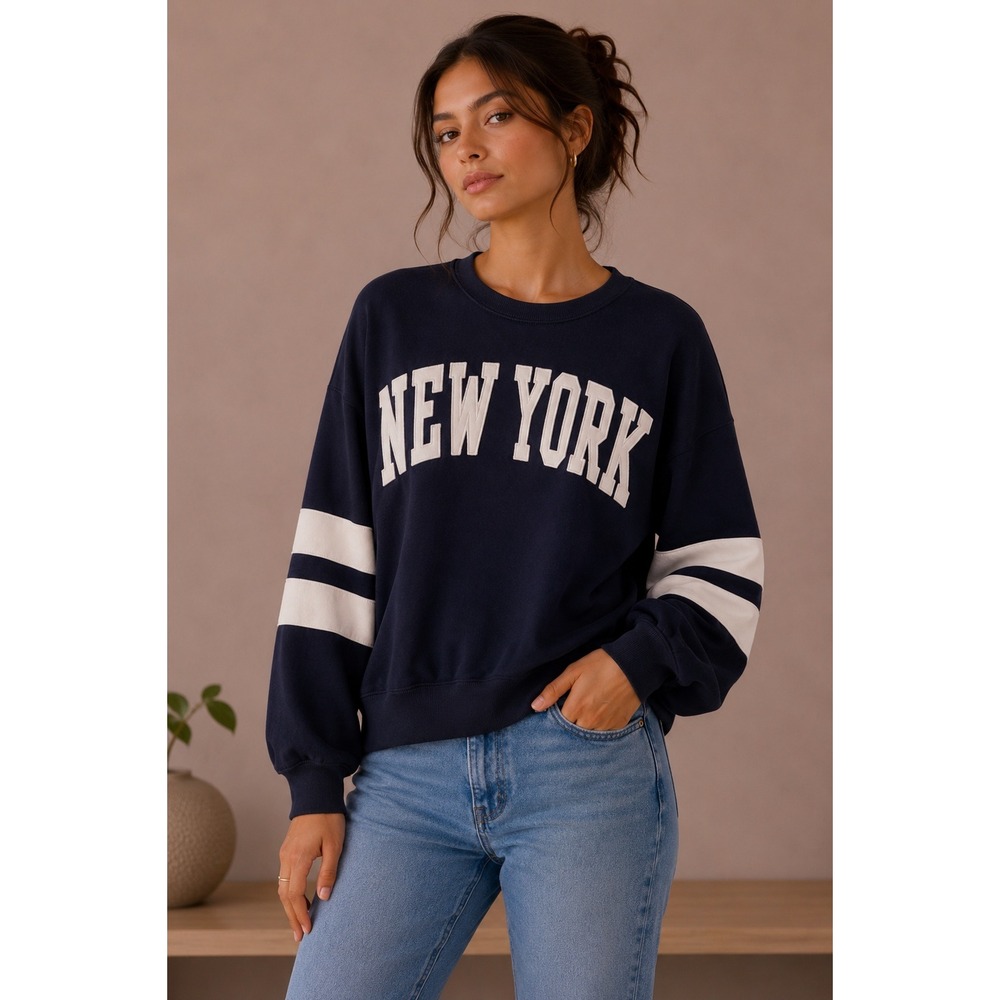 Navy Blue New York Varsity Stripe Crewneck Sweatshirt Pullover Collegiate Top